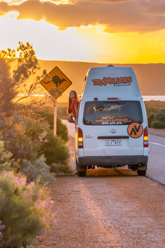 A girl looking out from the campervan van window with a sign of kangaroo