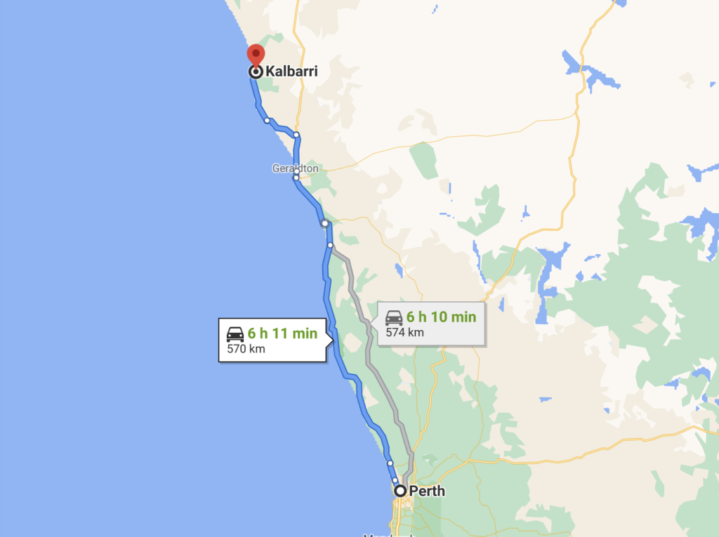 Image of google maps showing the 2 routes for Perth to Kalbarri