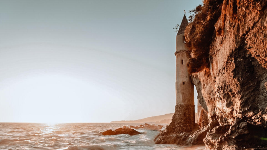 Pirate Tower in california, rising out of the rocks and sand as if out of a fairytale.