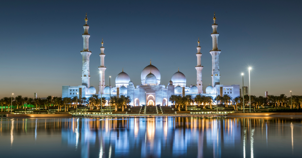 The view of Sheikh Zayed Grand Mosque from Wahat Al Karama in Abu Dhabi