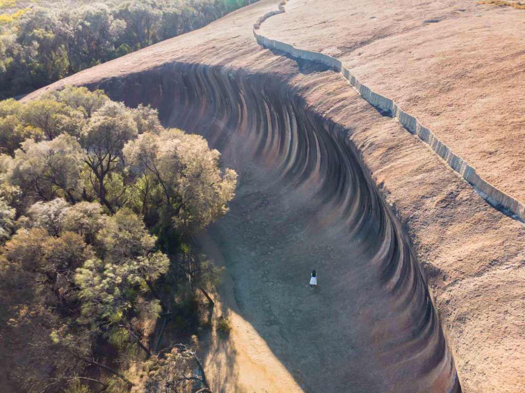 A drone view of wave rock at Hyden during Perth to Esperance road trip