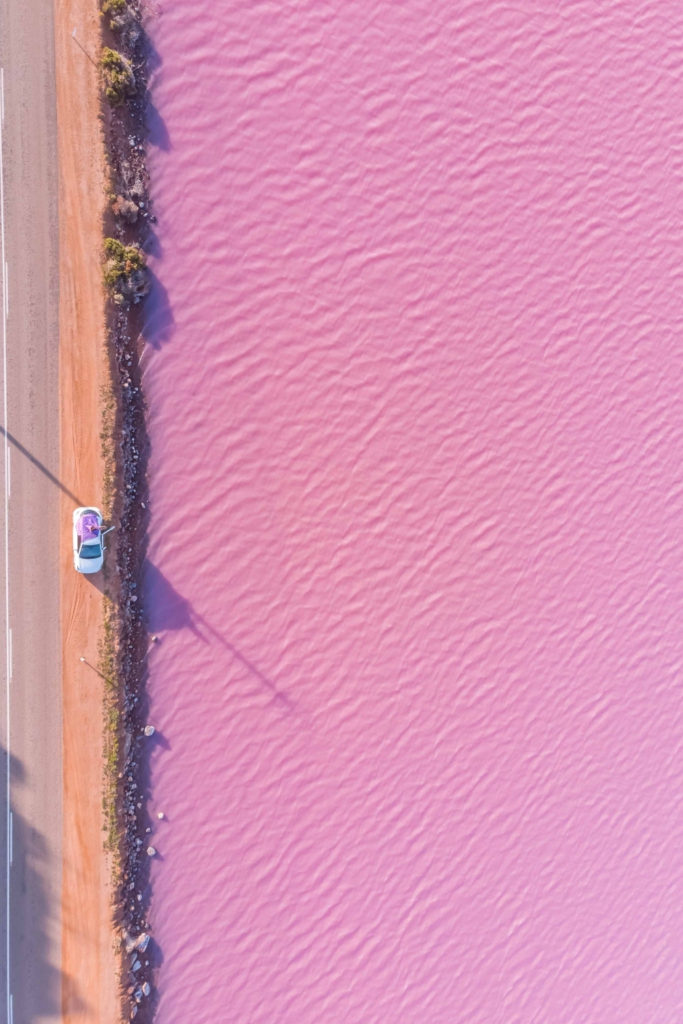 Aerial view of pink lake and road