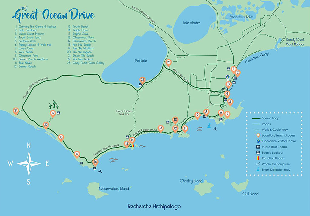 The route for the Great Ocean Drive in Esperance