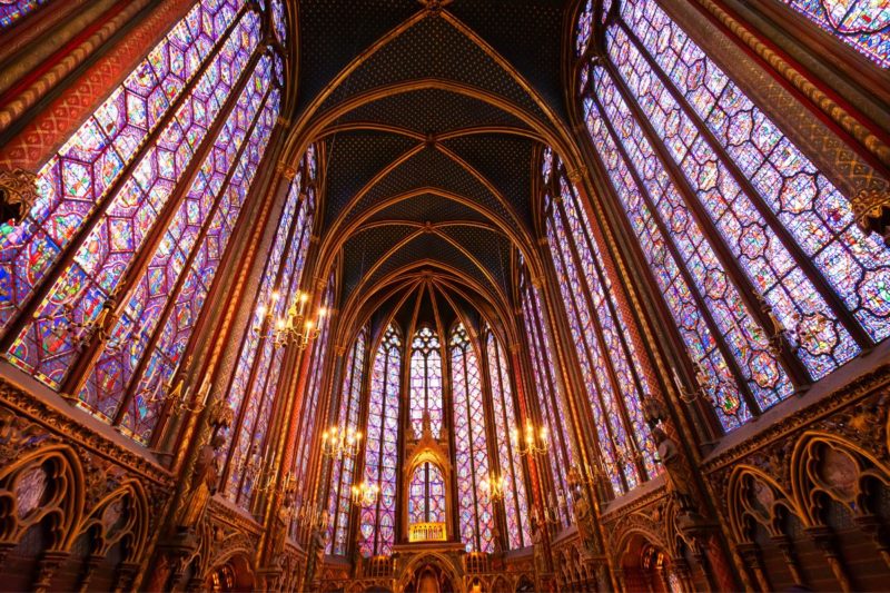 Stained glass windows inside Sainte Chapelle church 